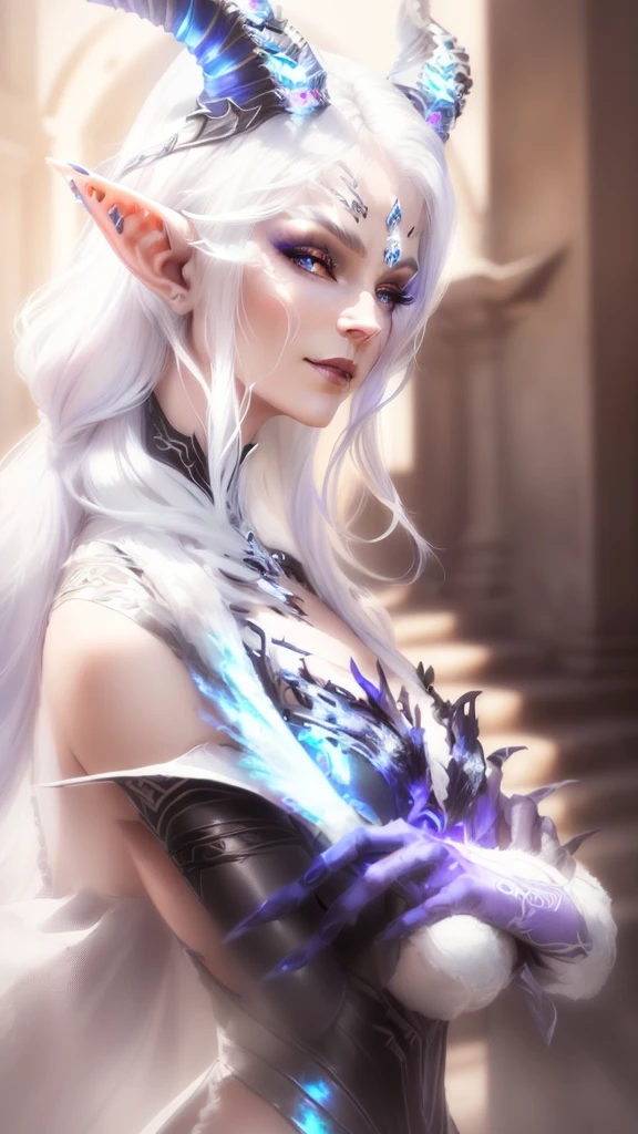 a woman with horns and white hair is posing for a picture, female humanoid creature, an elf queen, female elf, hyperdetailed fantasy character, dark elf maiden, portrait of an elf queen, dark elf princess, of an elden ring elf, elven character with smirk, dark elf, elf queen, complex fantasy character, side portrait of elven royalty