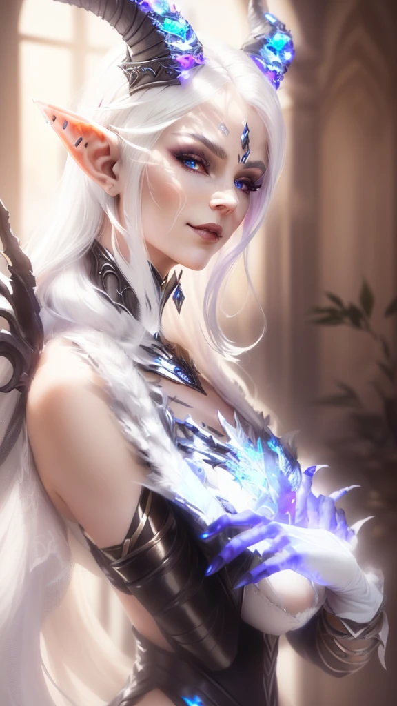 a woman with horns and white hair is posing for a picture, female humanoid creature, an elf queen, female elf, hyperdetailed fantasy character, dark elf maiden, portrait of an elf queen, dark elf princess, of an elden ring elf, elven character with smirk, dark elf, elf queen, complex fantasy character, side portrait of elven royalty