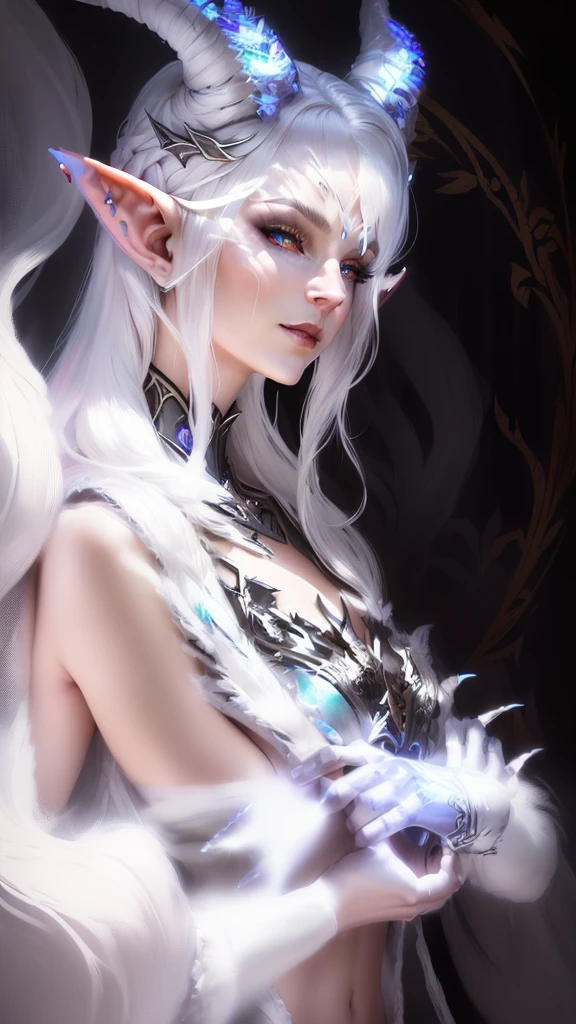 a woman with horns and white hair is posing for a picture, female humanoid creature, an elf queen, female elf, hyperdetailed fantasy character, dark elf maiden, portrait of an elf queen, dark elf princess, of an elden ring elf, elven character with smirk, dark elf, elf queen, complex fantasy character, side portrait of elven royalty