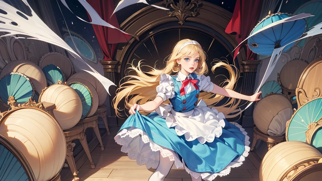 Alice, (Alice in Wonderland:1.1), cartoon illustration, 1cute girl with long-hair, (blonde-hair:1.2), floating long hair, open mouth, (light-blue round eyes:1.5), blue puffy sleeves, horizontal striped thigh-highs, blue apron, blue dress, (white and blue outfits:1.3), hair-ribbon, (big-blue-ribbon on head:1.4), teacup, cup, clock, antique watch, open book, saucer, in dark library, falling pose, her feet out of frame, 1arm out of frame, (dutch-angle:1.2), dynamic angle, cinematic lighting, glitter,