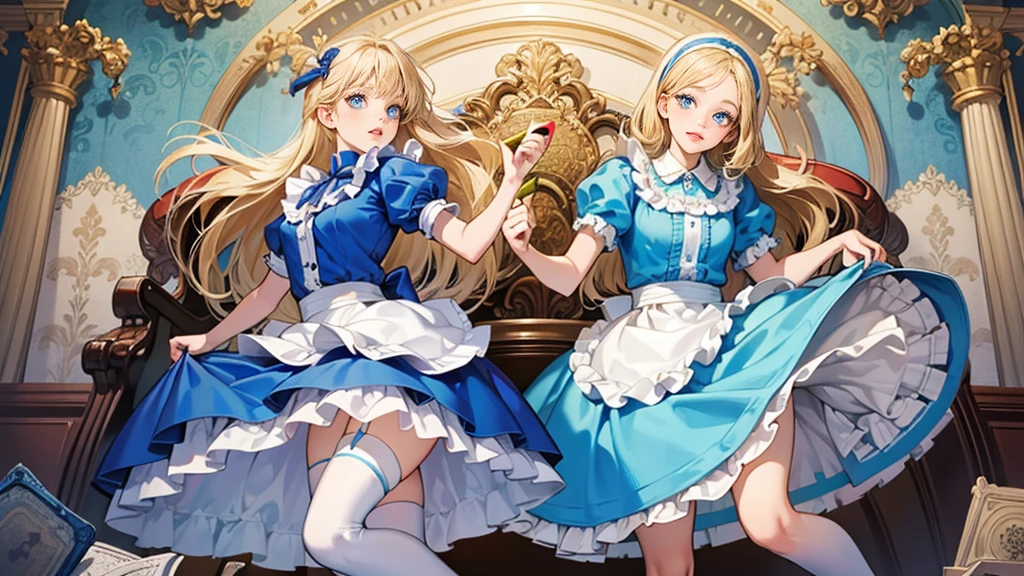 masterpiece, Highest quality, Portraiture, One Girl, (Alice in Wonderland:1.2), Blue clothes, White apron, Blonde, blue eyes, Usagi, Trump, Tea cup, White lace thigh high socks, Miniskirt lift, Dynamic pose,Electro Swing