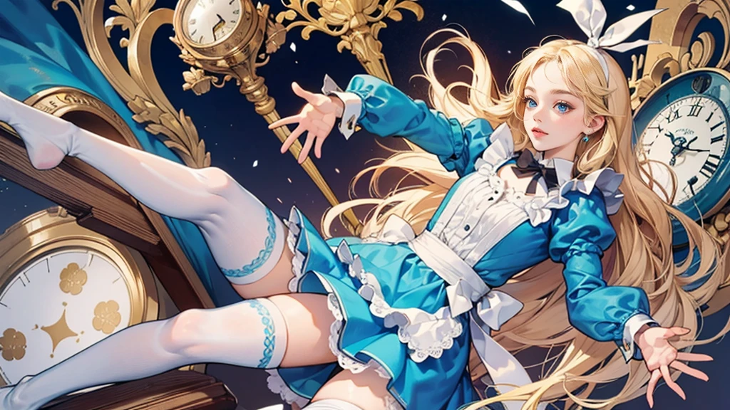 masterpiece, Highest quality, Portraiture, One Girl, (Alice in Wonderland:1.2), Blue clothes, White apron, Blonde, blue eyes, Usagi, Trump, Tea cup, White lace thigh high socks, Miniskirt lift, Dynamic pose,Electro Swing