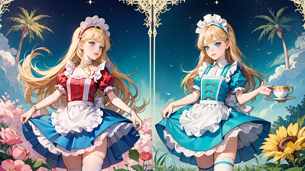 masterpiece, Highest quality, Portraiture, One Girl, (Alice in Wonderland:1.2), Blue clothes, White apron, Blonde, blue eyes, Usagi, Trump, Tea cup, White lace thigh high socks, Miniskirt lift, Dynamic pose,Electro Swing