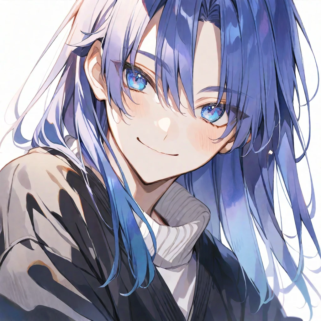 solo, handsome, Watercolor ,1/2,ミニキャラ,
1. male,
Straight hair, BlueHair,Blue eyes&Soft look ,
Gojo Satoru,18 years old,black cardigan,sweater,skin,smile,White background