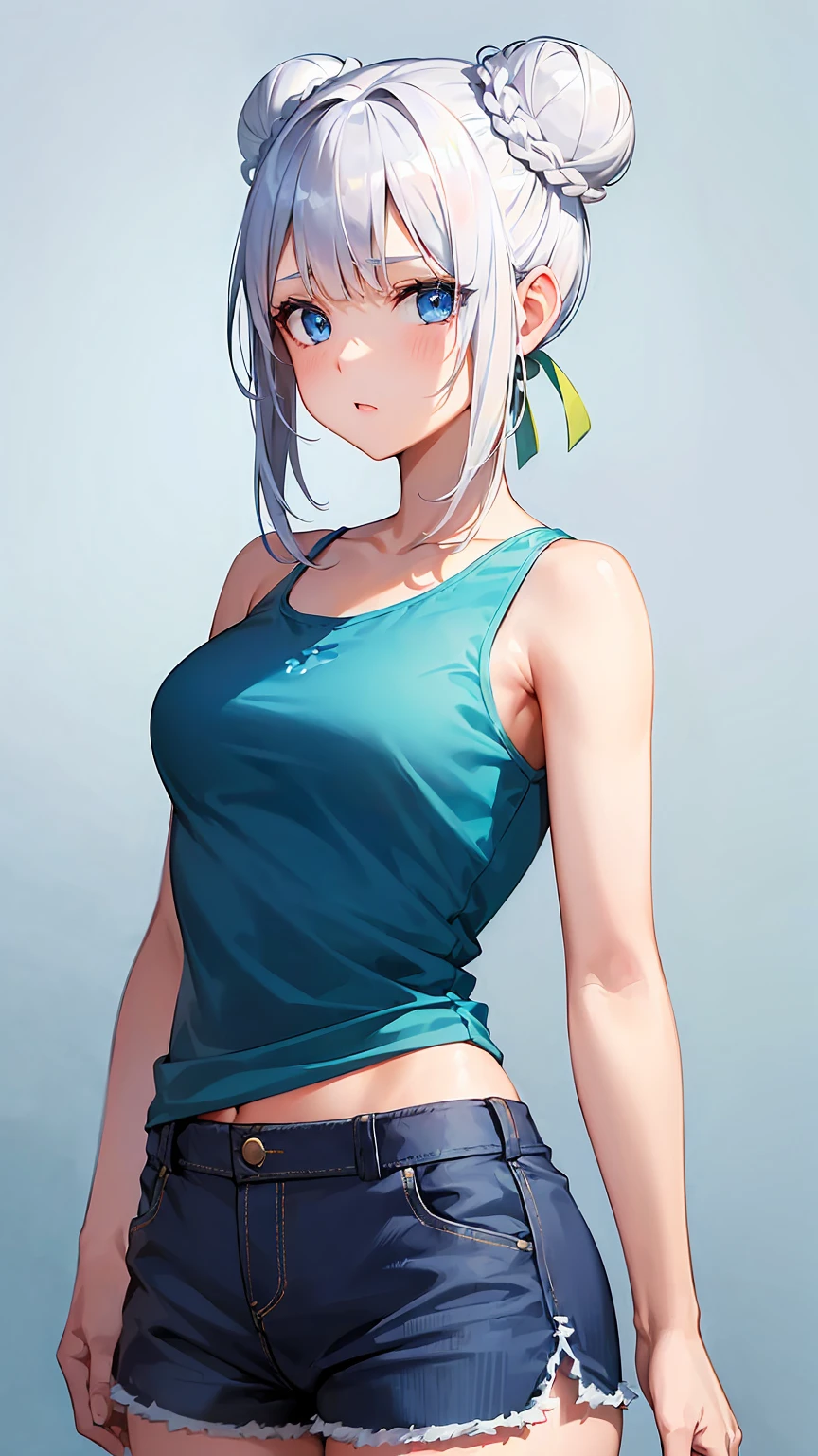 Girl1,cowboy shot,round face,blue eyes,white hair,(double bun hairstyle,blue tank,short pants),green background,HD,highly detailed