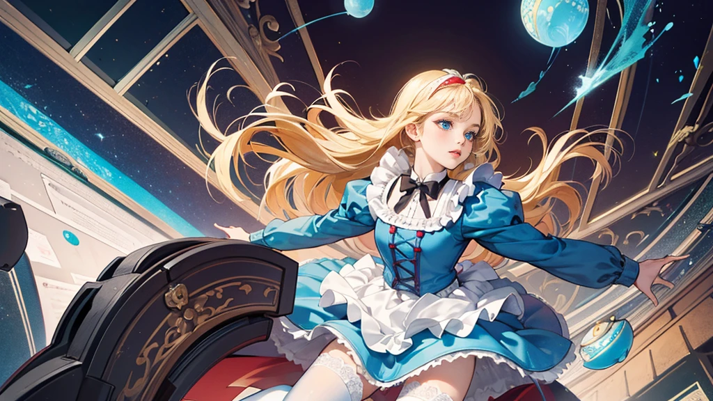 masterpiece, Highest quality, Portraiture, One Girl, (Alice in Wonderland:1.2), Blue clothes, White apron, Blonde, blue eyes, Usagi, Trump, Tea cup, White lace thigh high socks, Miniskirt lift, Dynamic pose,Electro Swing