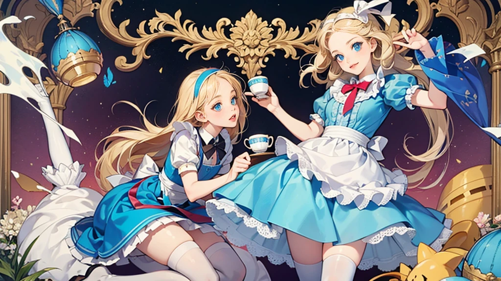masterpiece, Highest quality, Portraiture, One Girl, (Alice in Wonderland:1.2), Blue clothes, White apron, Blonde, blue eyes, Usagi, Trump, Tea cup, White lace thigh high socks, Miniskirt lift, Dynamic pose,Electro Swing