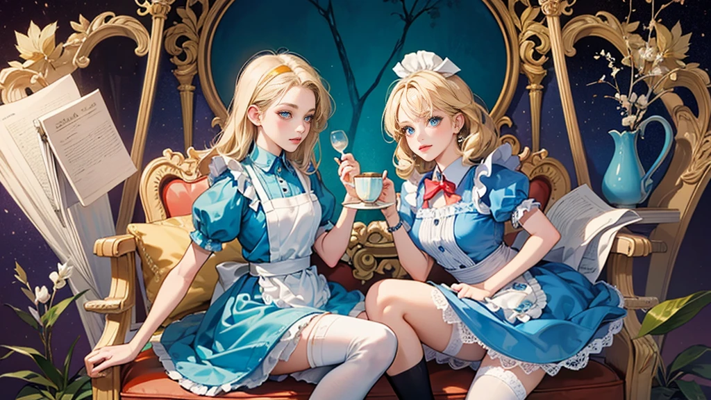 masterpiece, Highest quality, Portraiture, One Girl, (Alice in Wonderland:1.2), Blue clothes, White apron, Blonde, blue eyes, Usagi, Trump, Tea cup, White lace thigh high socks, Miniskirt lift, Dynamic pose,Electro Swing