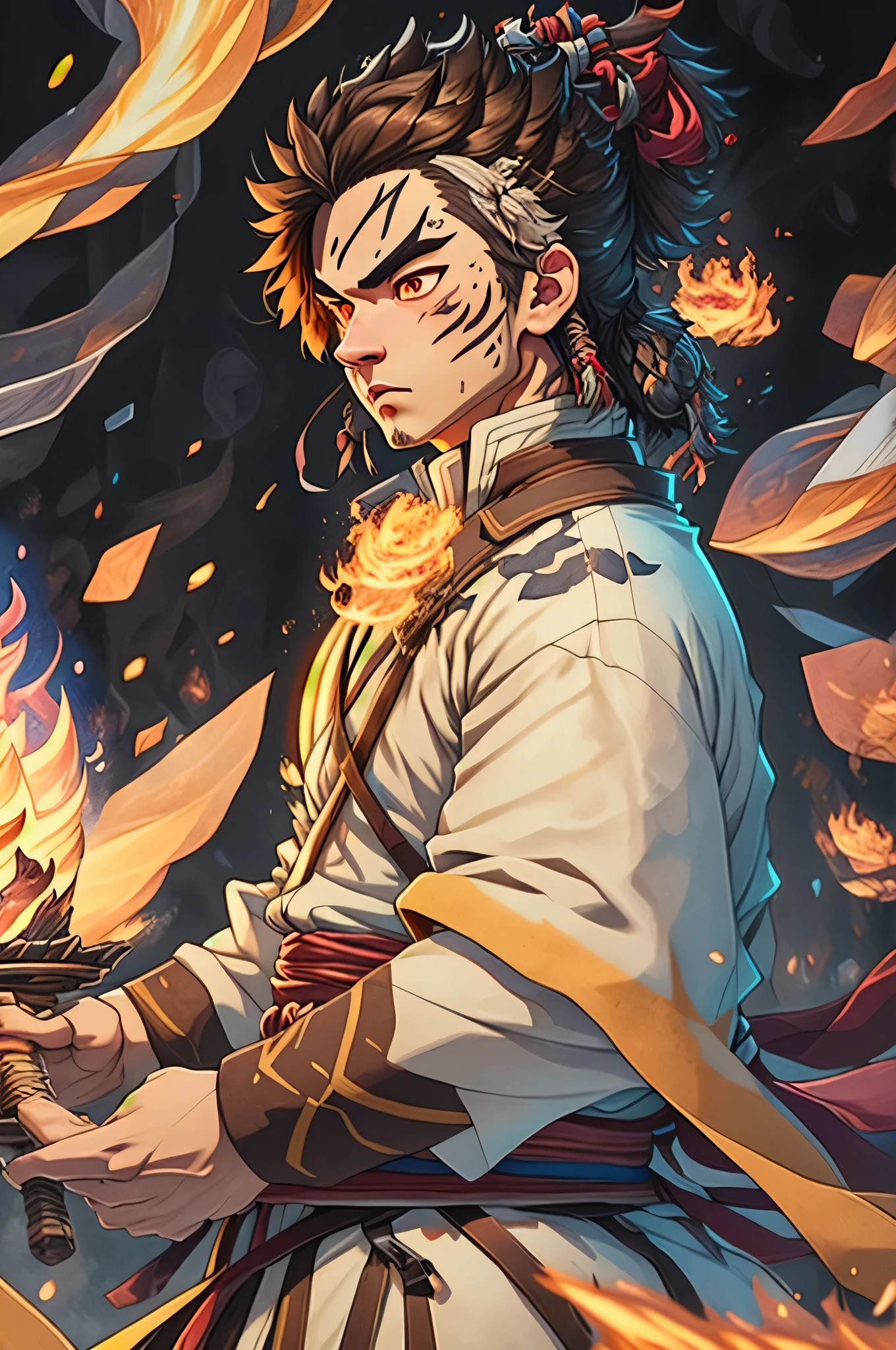 ((best qualityer)), ((work of art)), (detailded), (8k resolution), Kimetsu no Yaiba, adult man, experienced swordsman, Katana rich in details, red traces on the face, Red neon aura, flames in the background, white kimono, Slightly dark hair, groundbreaking, color scheme, pensive stillness, background with flames, details Intricate, photographic realism, fully body.