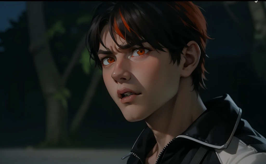 cute boy with orange hair and orange eyes is upset he is talking to someone with his mouth open he is serious angry sad