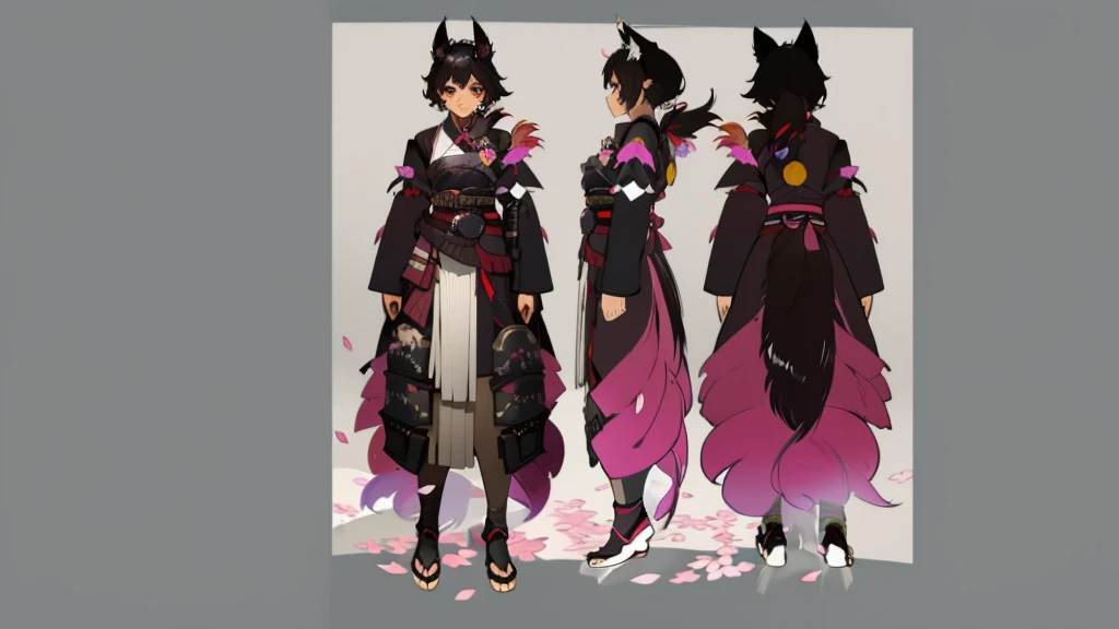 (Masterpiece detailed,) 1girl, ((character concept art)), ((character design sheet, same character, front, side, back)), dark skin, woman, black woman, masculine, brown eyes, black medium messy hair, black hair with grayish highlights side bang to left side of face covering eye halfway, shogun, warrior, black red kimono, armor chest piece, armor samurai shoulder pads, emotionless expression, wolf ears, wowolf tail scars on face, wearing geta footwear, long robes, Sakura petals
