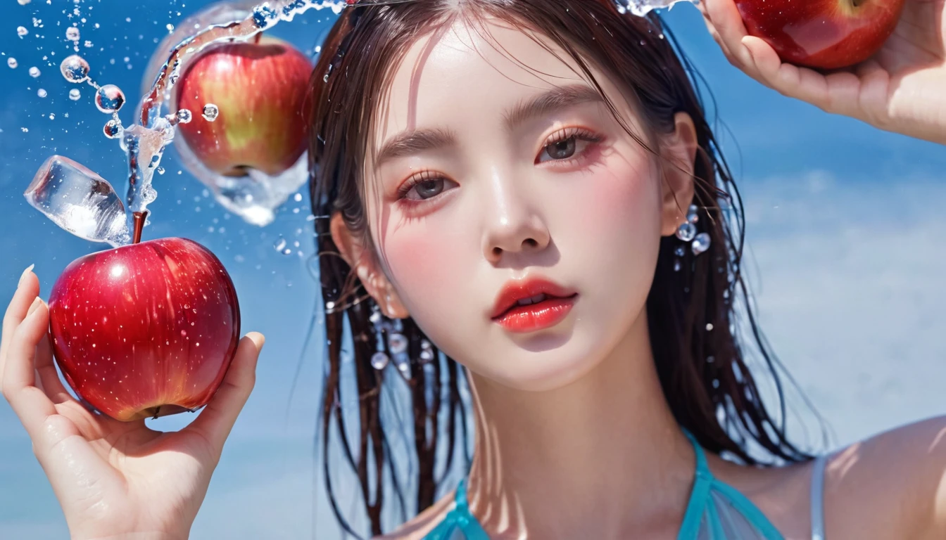 Summer red apple girl，Dopamine teenage， Cool summer days，Ice cubes，The watery girl，Delicate skin，Hydration，Shiny，Shiny，dream，Front view，bust，pearl，Red apple fruit
