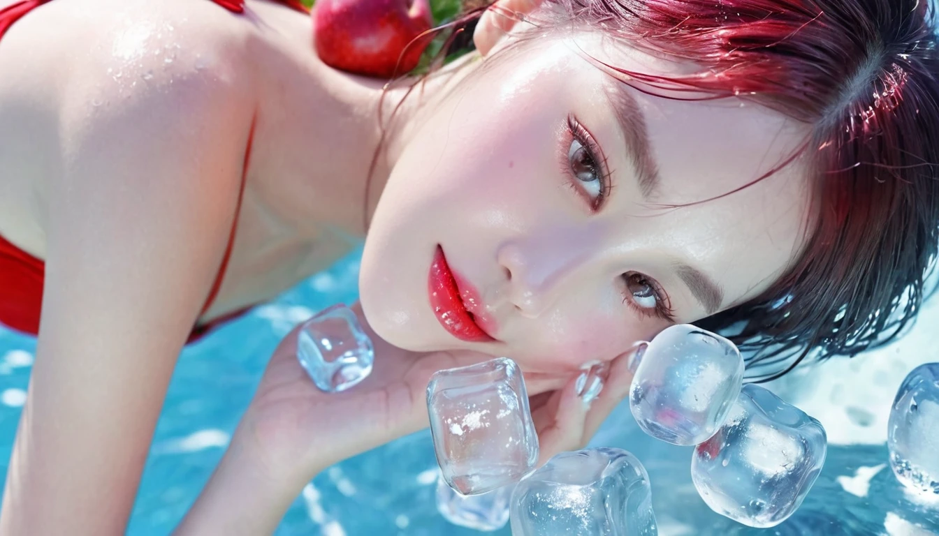 Summer red apple girl,Dopamine teenage, Cool summer days,Ice cubes,The watery girl,Delicate skin,Hydration,Shiny,Shiny,dream,Front view,bust,pearl,Red apple fruit