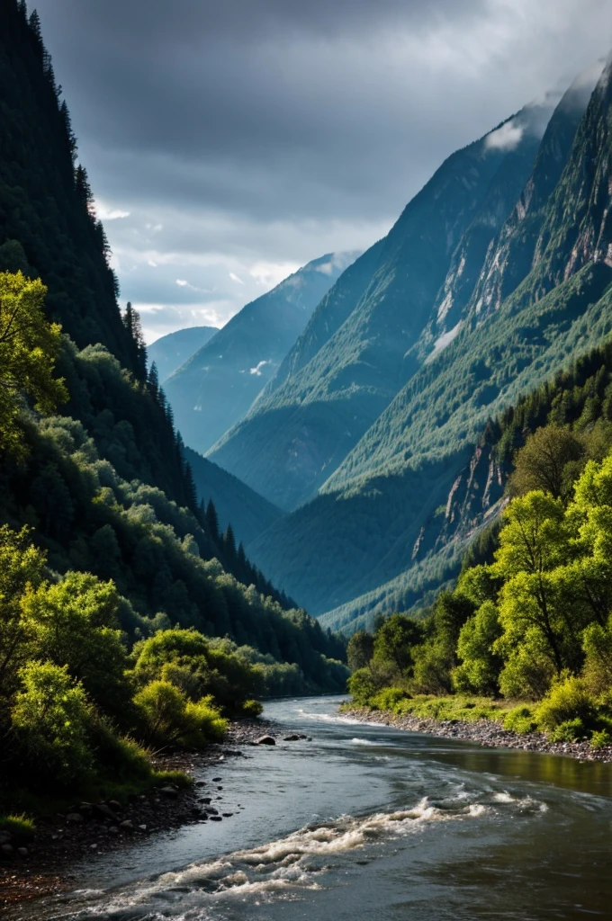Rain falling among mountains, rivers