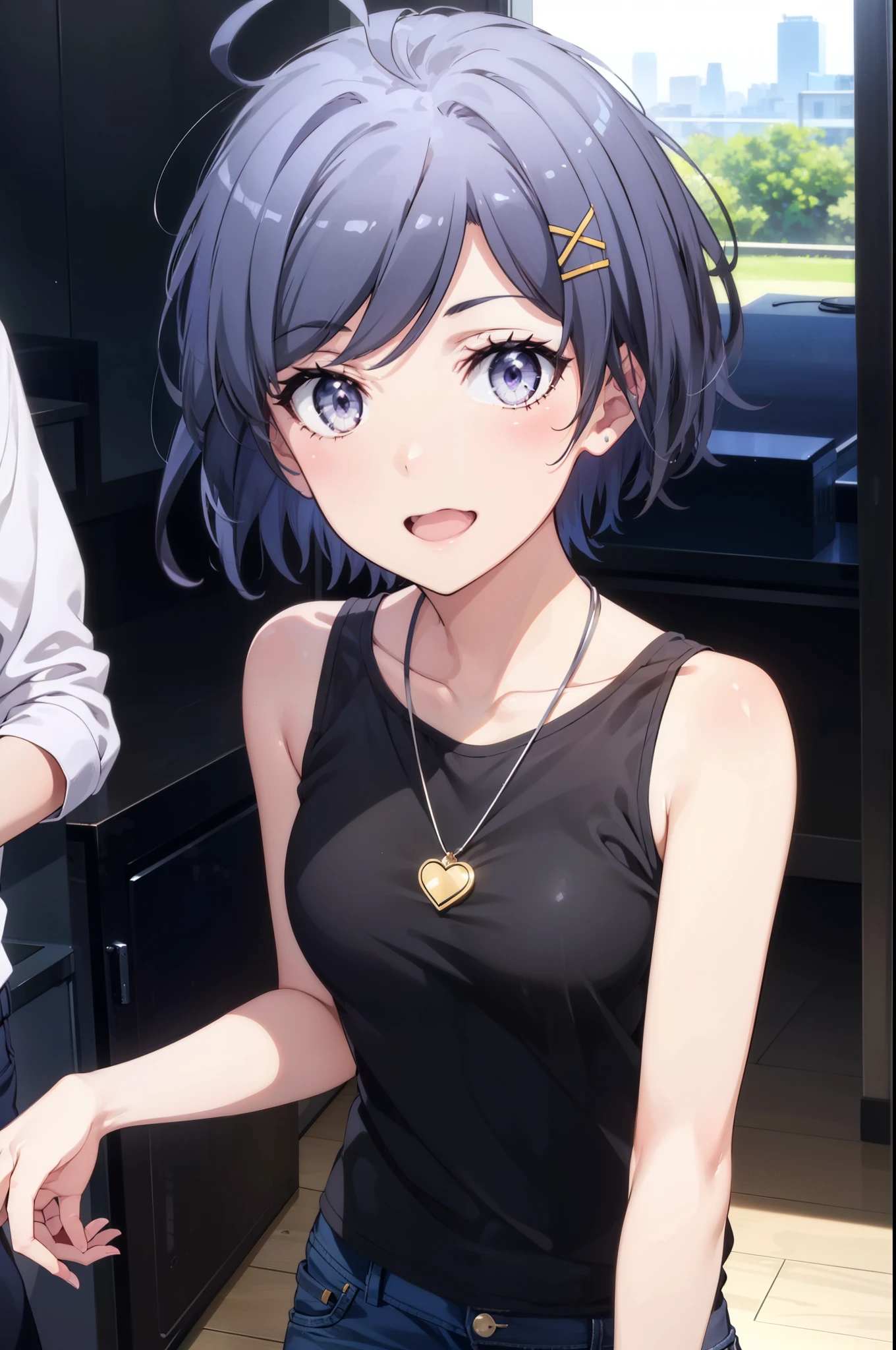 komachihikigaya, komachi hikigaya, short hair, Black Hair, hair ornaments, Ahoge, Hair Clip, x hair ornaments, (Purple eyes:1.1), tooth, happy smile, smile, Open your mouth, black tank top shirt,Locket Necklace,Skinny jeans,Stiletto heels,morning,morning陽,The sun is rising,Walking,whole bodyがイラストに入るように,
break outdoors, Building district,
break looking at viewer,whole body,
break (masterpiece:1.2), Highest quality, High resolution, unity 8k wallpaper, (figure:0.8), (Beautiful attention to detail:1.6), Highly detailed face, Perfect lighting, Highly detailed CG, (Perfect hands, Perfect Anatomy),