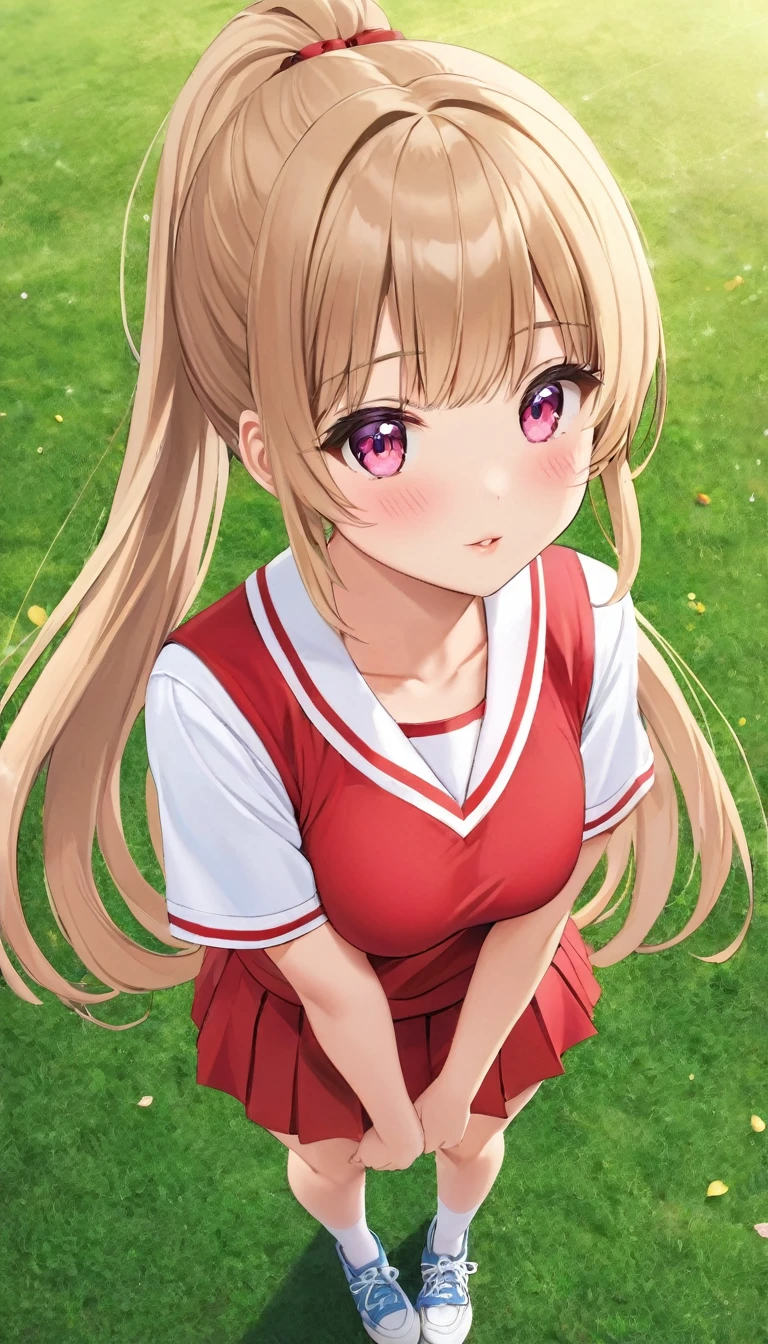 {{{{{16k,Ultra High-resolution realistic photograph of neat virgin -year school girl's in School-designated gym uniform with junior high ribbon as pretty as a actress in Grass schoolyard, She's in the first year of middle sl, but s developed, her cleavage tits are too beautiful, Her bra is showing through under her gym clothes, Aura of being irresistible, but a virgin}}}}},{{Extremely detailed}},{{{{{dye her cheeks flush and integrated her head pure small, thick lips, Enchanting thick gross idol's Lips}}}}},{{{{{the bang ponytail hair}}}}},{{{{{She get more attractive and smoother her body, her expression and appearance are transformed into that of a pure, Her white tits are so fluffy, and are depicted in great detail, but her sex appeal from her cleavage fills the schoolyard, her bodyline and tits and hips are getting cuter and cuter, She has been reborn as a pretty one-in-a-thousand-year girl with a sparkling aura of cuteness}}}}}