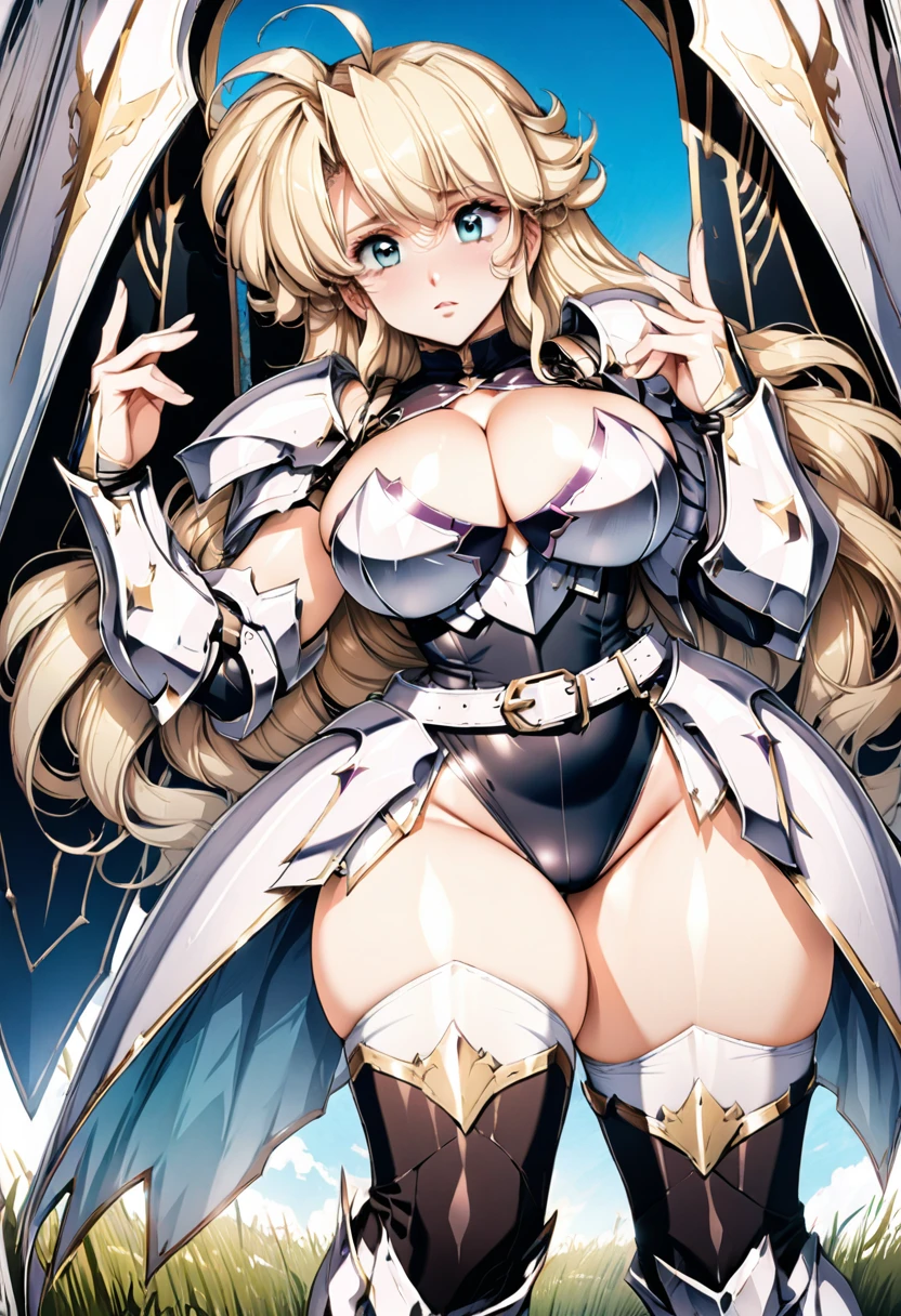 ((highest quality)), ((masterpiece)), ((hyperrealistic)), (detailed background), solo, 1girl, ((curvy: 1.2)), kawaii, sexy, ((armored dress: 1.3)), Blonde berry long wavy hair, Ahoge, (paladin magic armor), ((black tight-fitting leotard bodysuit)), ((huge breasts)), ((arm guard gauntlet)), (metal harness breastplate), body harness, belt waist armor, ((zettai ryouiki knee socks boots)), (big butt), (cleavage cutout), (Groin), (thighs), beautiful aqua eyes, droopy eyes, perfect face, Perfect hands, perfect fingers, Blue sky and grassland,