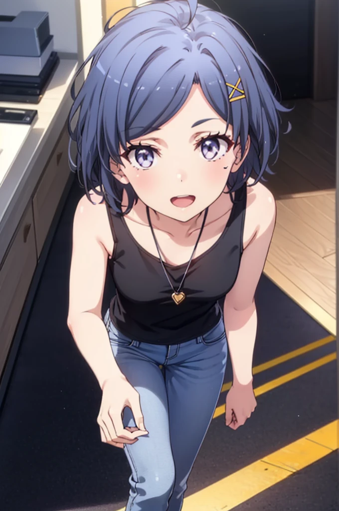 komachihikigaya, komachi hikigaya, short hair, Black Hair, hair ornaments, Ahoge, Hair Clip, x hair ornaments, (Purple eyes:1.1), tooth, happy smile, smile, Open your mouth, black tank top shirt,Locket Necklace,Skinny jeans,Stiletto heels,morning,morning陽,The sun is rising,Walking,whole bodyがイラストに入るように,
break outdoors, Building district,
break looking at viewer,whole body,
break (masterpiece:1.2), Highest quality, High resolution, unity 8k wallpaper, (figure:0.8), (Beautiful attention to detail:1.6), Highly detailed face, Perfect lighting, Highly detailed CG, (Perfect hands, Perfect Anatomy),
