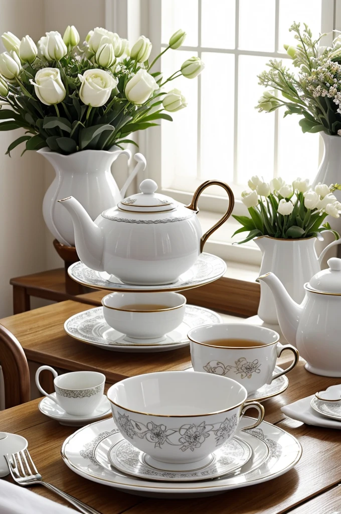 Using monolines Design a coloring page, no grey scale, no colored areas, all in a white and black background , Show different types of cutes and cozy units, Visualize a relaxing tea room filled with the scent of fresh flowers and the warmth of afternoon sunlight. A beautifully set table with delicate teacups, a teapot, and a plate of scones sits ready. Blooming flowers in vases add a touch of elegance and calm.