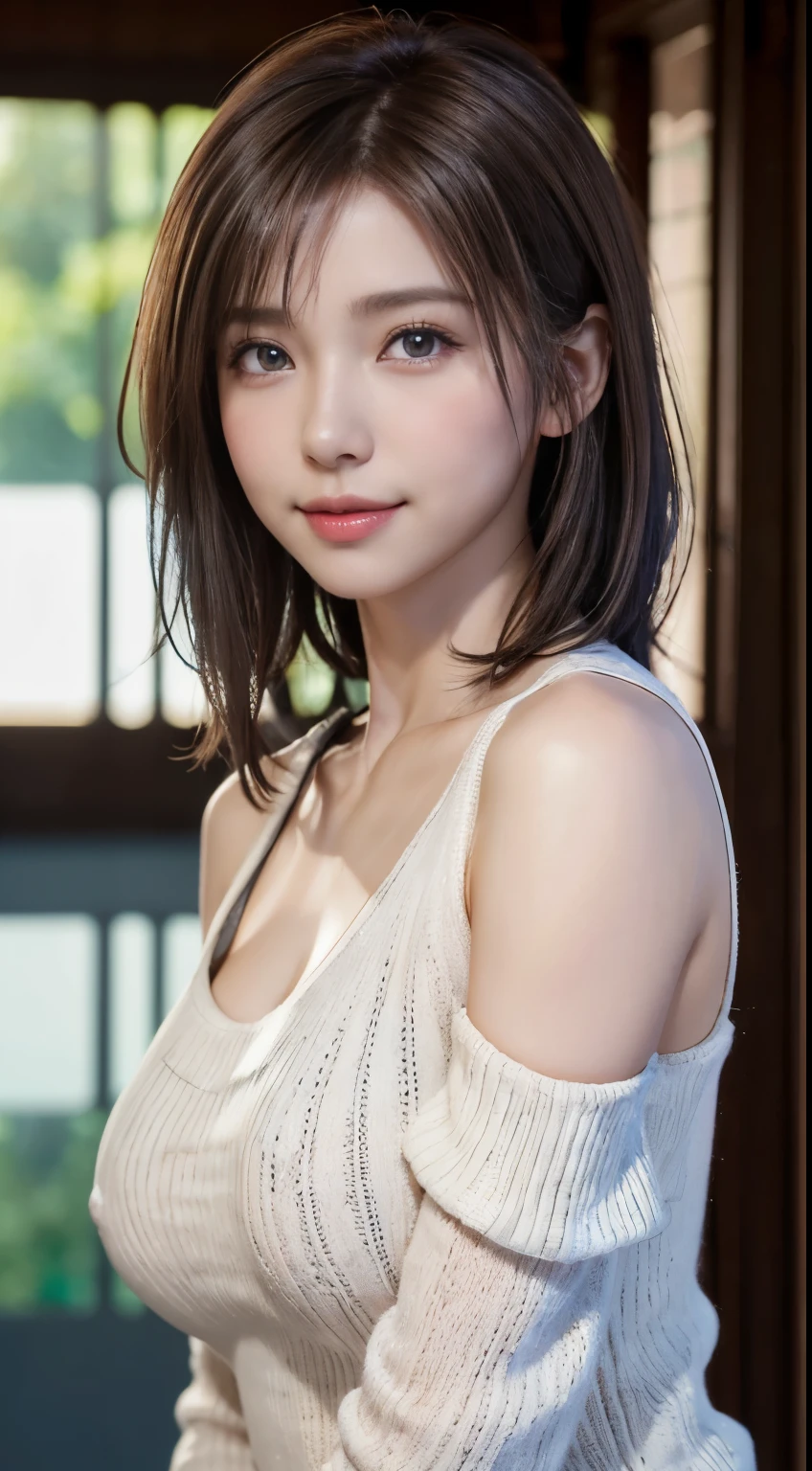 (logo, masterpiece, 8K, Tabletop, RAW Photos, wonderful, 最high quality, Photorealistic and very detailed CG composite 8k wallpaper, high quality, Very detailed, Narrative poem, Particle Effects, Dynamic Effects, Depth of the Boundary, Cinematic Light, Lens flare, Ray Tracing), short hair beautiful young woman, Hair tied back, high detail skin, very fine, fine skin texture, beautiful face, realistic eyes, beautifully detailed eyes, realistic skin, beautiful skin, surreal, smiling eyes, Hair and light eyes, Vibrant, Colorful lights and bokeh. The lighting casts a warm glow on her face and hair, Blue glow, Water surface reflection, Creates a dreamy and magical atmosphere, Big Breasts, Brown Hair, short hair, plump lower lip, pink blush on the cheeks , pink lips, brown tight no-shoulder knit sweater