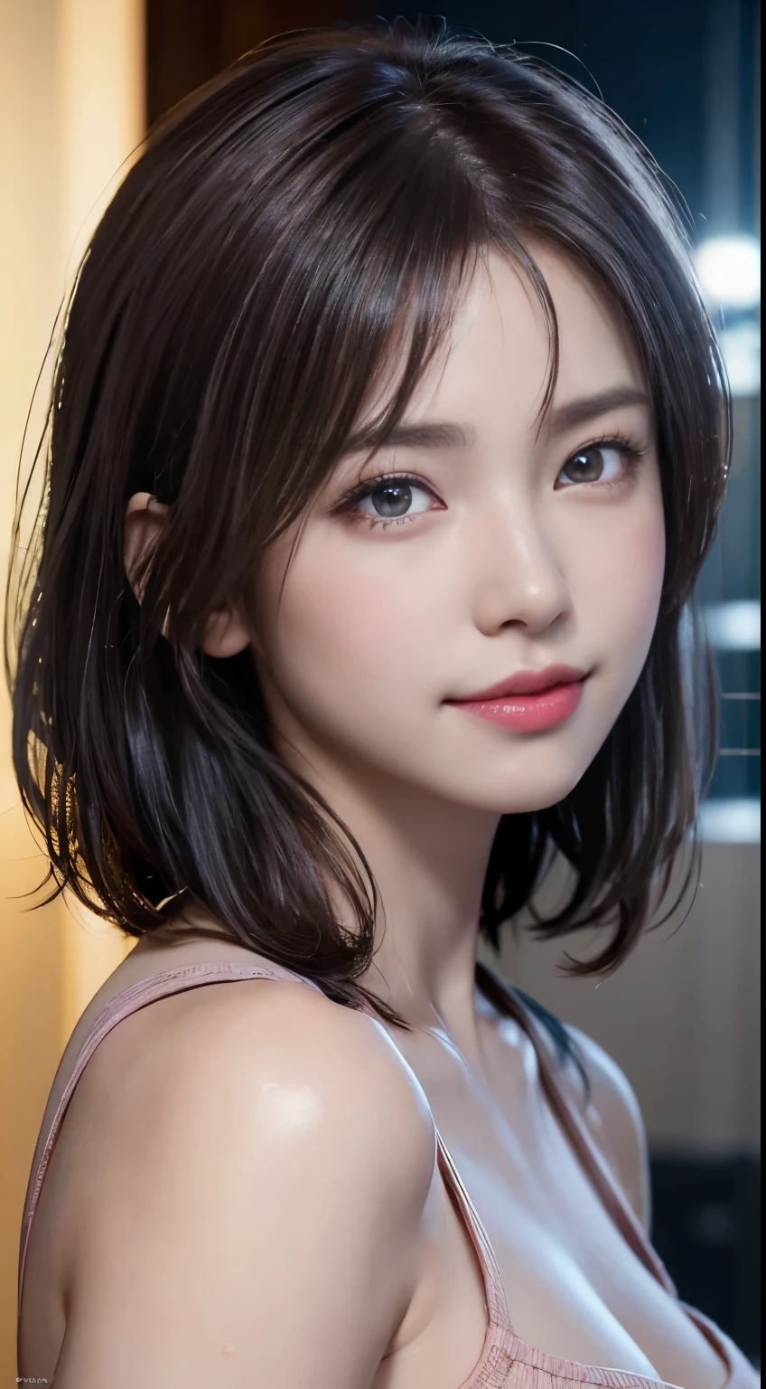 (logo, masterpiece, 8K, Tabletop, RAW Photos, wonderful, 最high quality, Photorealistic and very detailed CG composite 8k wallpaper, high quality, Very detailed, Narrative poem, Particle Effects, Dynamic Effects, Depth of the Boundary, Cinematic Light, Lens flare, Ray Tracing), short hair beautiful young woman, Hair tied back, high detail skin, very fine, fine skin texture, beautiful face, realistic eyes, beautifully detailed eyes, realistic skin, beautiful skin, surreal, smiling eyes, Hair and light eyes, Vibrant, Colorful lights and bokeh. The lighting casts a warm glow on her face and hair, Blue glow, Water surface reflection, Creates a dreamy and magical atmosphere, Big Breasts, Brown Hair, short hair, plump lower lip, pink blush on the cheeks , pink lips, brown tight no-shoulder knit sweater