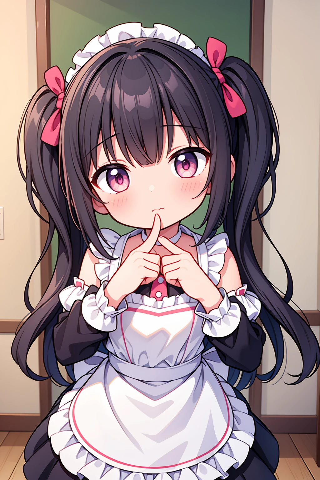 (8K, Highest image quality, highest quality, masterpiece), detailed face, ((loli)), ((girl)), (little loli curve), black hair, short twintails, pink eyes, ((very small bust)), (flat bust), (naked apron), cowboy shot, put your hand on your mouth, kitchen background, ((very blushing)), ((detailed hands and fingers)), viewer perspective from below, (blush)