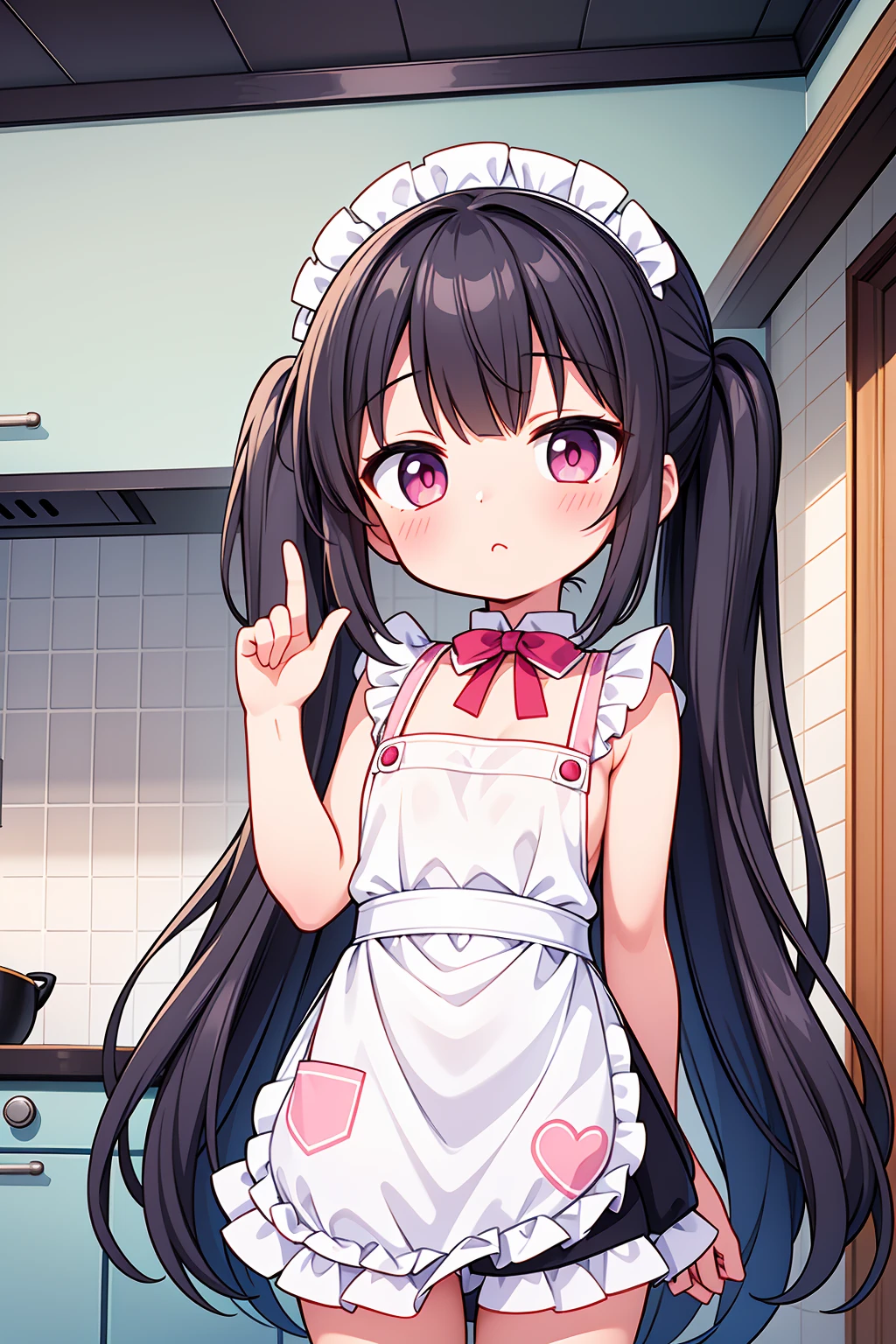 (8K, Highest image quality, highest quality, masterpiece), detailed face, (()), ((girl)), (little lolive), black hair, short twintails, pink eyes, ((very small bust)), (flat bust), (naked ap cowboy shot, put your hand on your mouth, kitchen background, ((very blushing)), ((detailed hands and fingers)), viewer perspective from below, (blush)