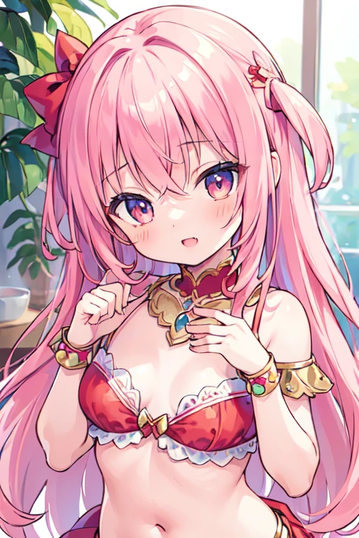 (best quality, masterpiece:1.2), ultra detailed, extremely detailed eyes and face, natural skin texture, detailed skin, natural lighting,
 chibi, 1 girl, -yeld, (c), pink hair, middle hair, straight hair, shiny hair, flat chest,
 (wearing red bellydancer), fang, mesugaki face,
 upper body,