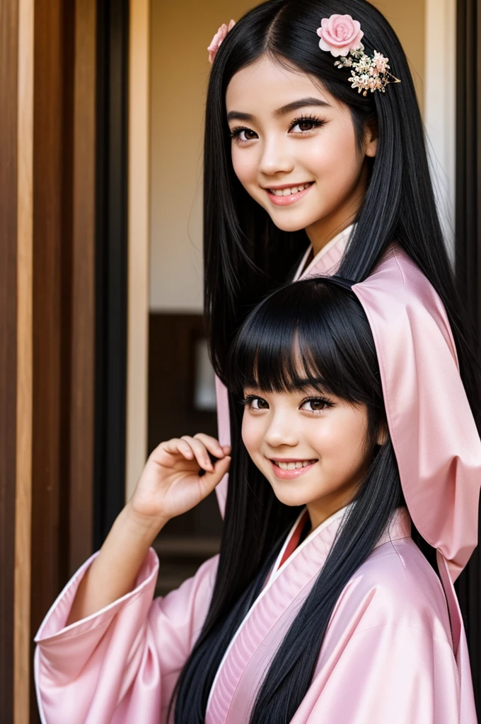 A boy look like girl with long black hair. Wearing girl kimono. Smile girly with the pretty makeup