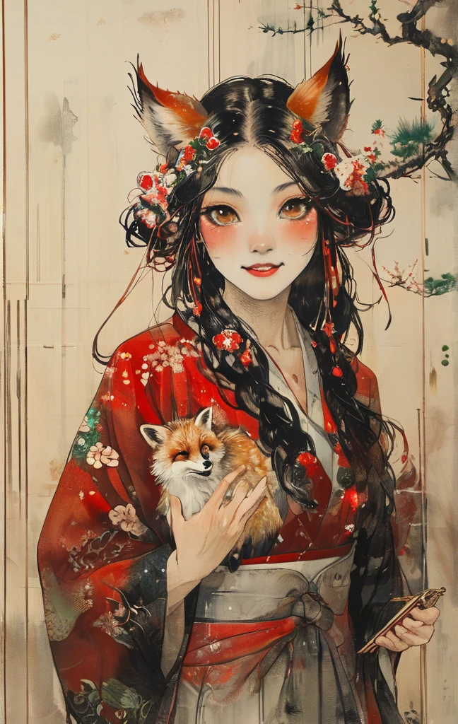 Upper body standing painting, Vision, panoramic, Honey, Solitary, Fair skin, (Fox ears), Exquisite eyes, Facial details, Green Eyes, Red Eyeshadow, lips are red, white magic dress, careful, Fake laugh, Ukiyo-e, masterpiece, high quality, at the lowest limit, Tiny,