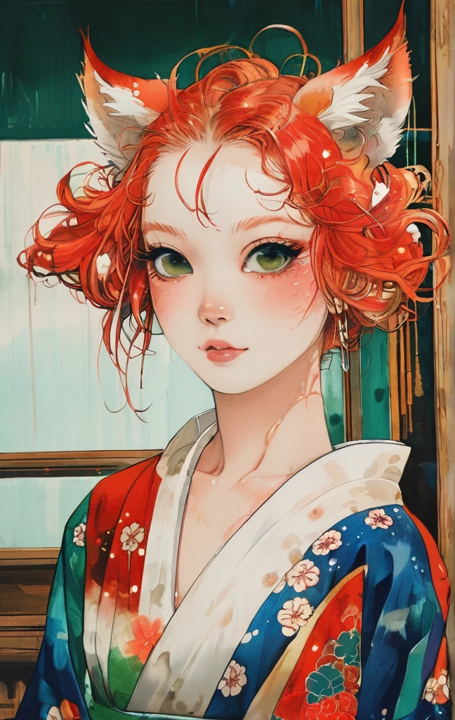 Upper body standing painting, Vision, panoramic, Honey, Solitary, Fair skin, (Fox ears), Exquisite eyes, Facial details, Green Eyes, Red Eyeshadow, lips are red, white magic dress, careful, Fake laugh, Ukiyo-e, masterpiece, high quality, at the lowest limit, Tiny,