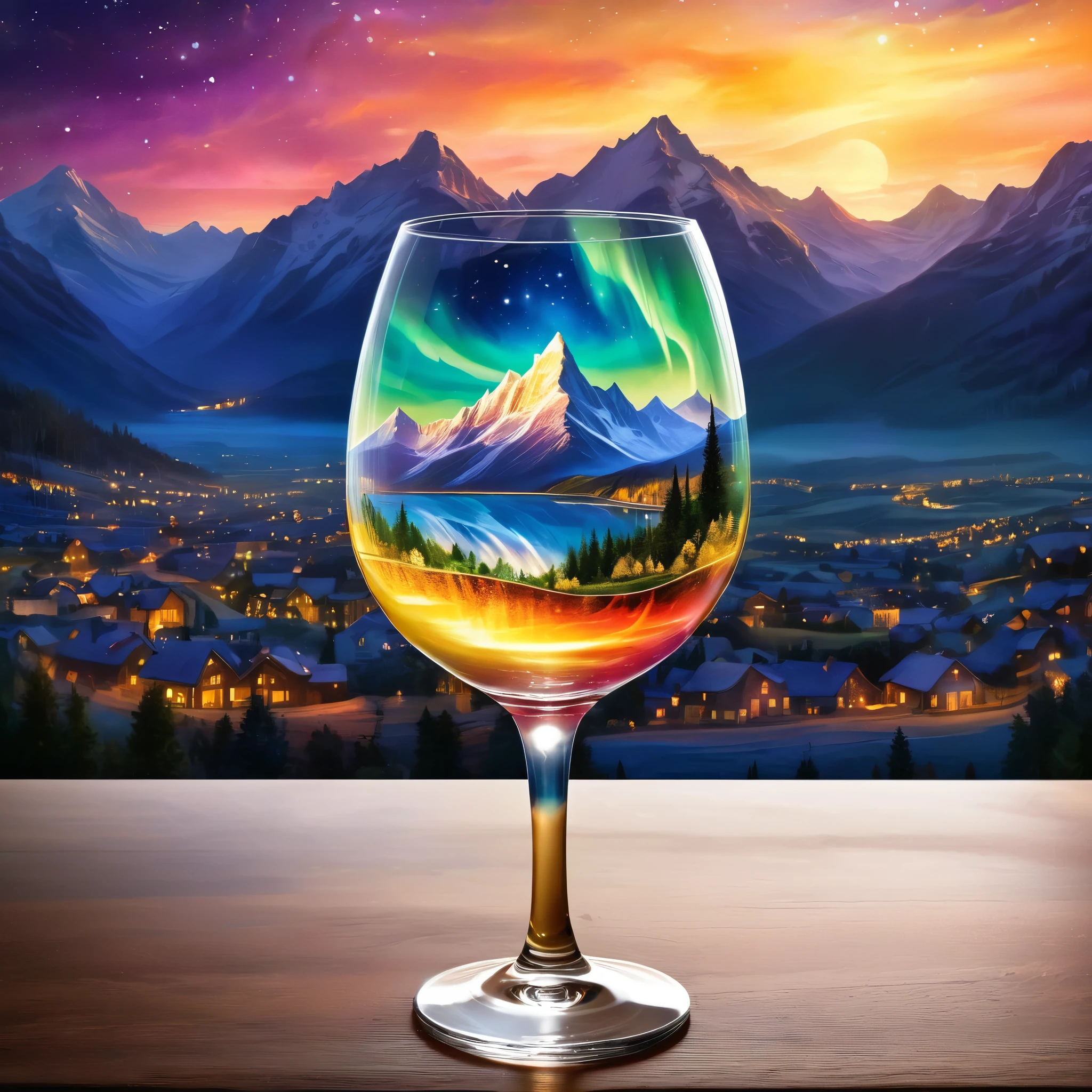 Create a celestial scene within a wine glass, featuring a surreal landscape with mountains and an aurora sky. The background includes a glowing sunset and cityscape. The style should be fantasy with ethereal elements. Hyper realistic photo, super vibrant colors, 16k