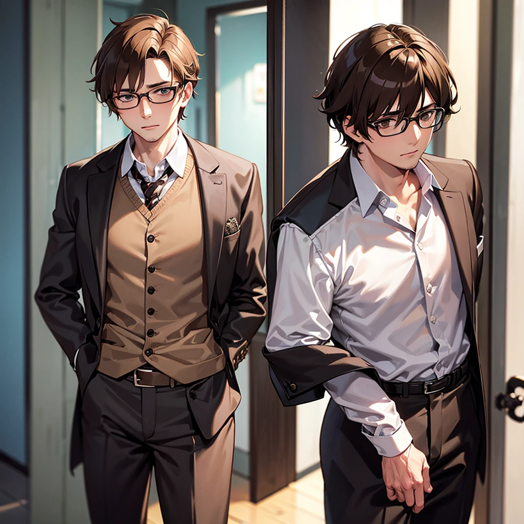 A pale brown haired guy of about 30 years old in a suit who wears glasses and is very attractive (anime type)