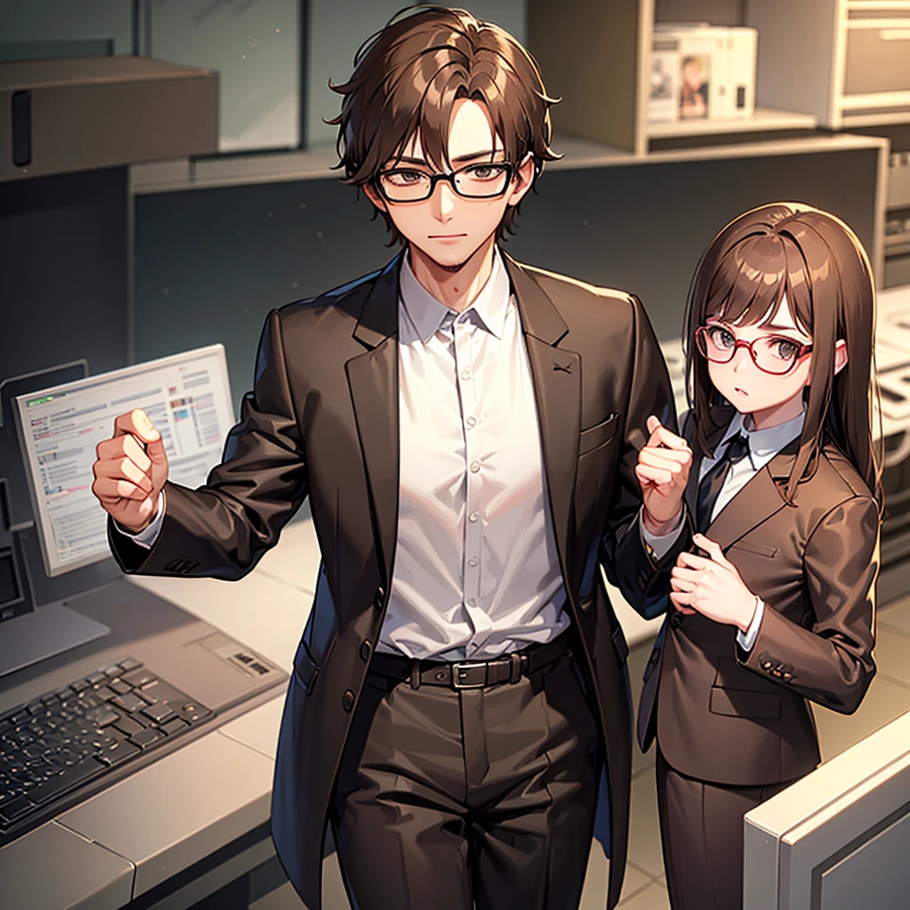 A pale brown haired guy of about 30 years old in a suit who wears glasses and is very attractive (anime type)