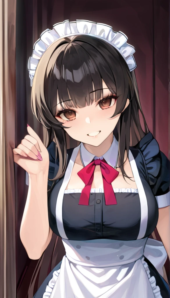 masterpiece, best quality, 1girl, empty eyes, medium-length black haired, brown eyes, maid, smile