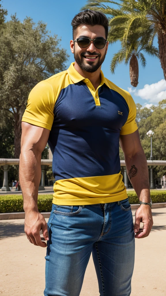 Handsome muscular latino man beard, strong and muscular legs, big lump, artwork, sonriendo, super sexy in jeans and yellow polo shirt with blackstripes 8k ultra realistic masterpiece great detail next to a font super muscular , sexy , en el parque, 30 años de edad , sunglasses, tatoo on arm