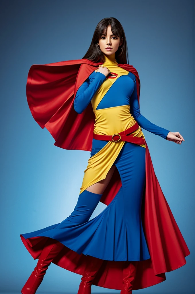 hero costume
Cómic art style

Blue long sleeve top. With bare abdomen. Hip skirt of the same blue color with a yellow belt holding it up, loose red below the knee boots. And a red cape.