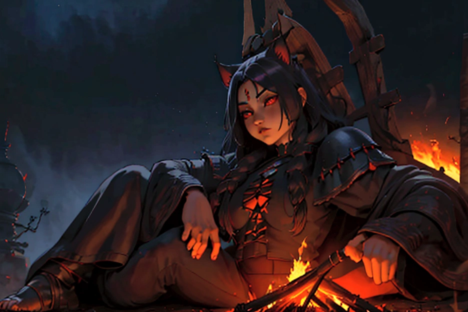 junkotvv pelo largo negro con flequillo y con orejas de gato y ojos rojos a warrior resting in bonfire, high quality, masterpiece, dark theme, dark souls theme, (fullbody sentada frente a un bonfire )