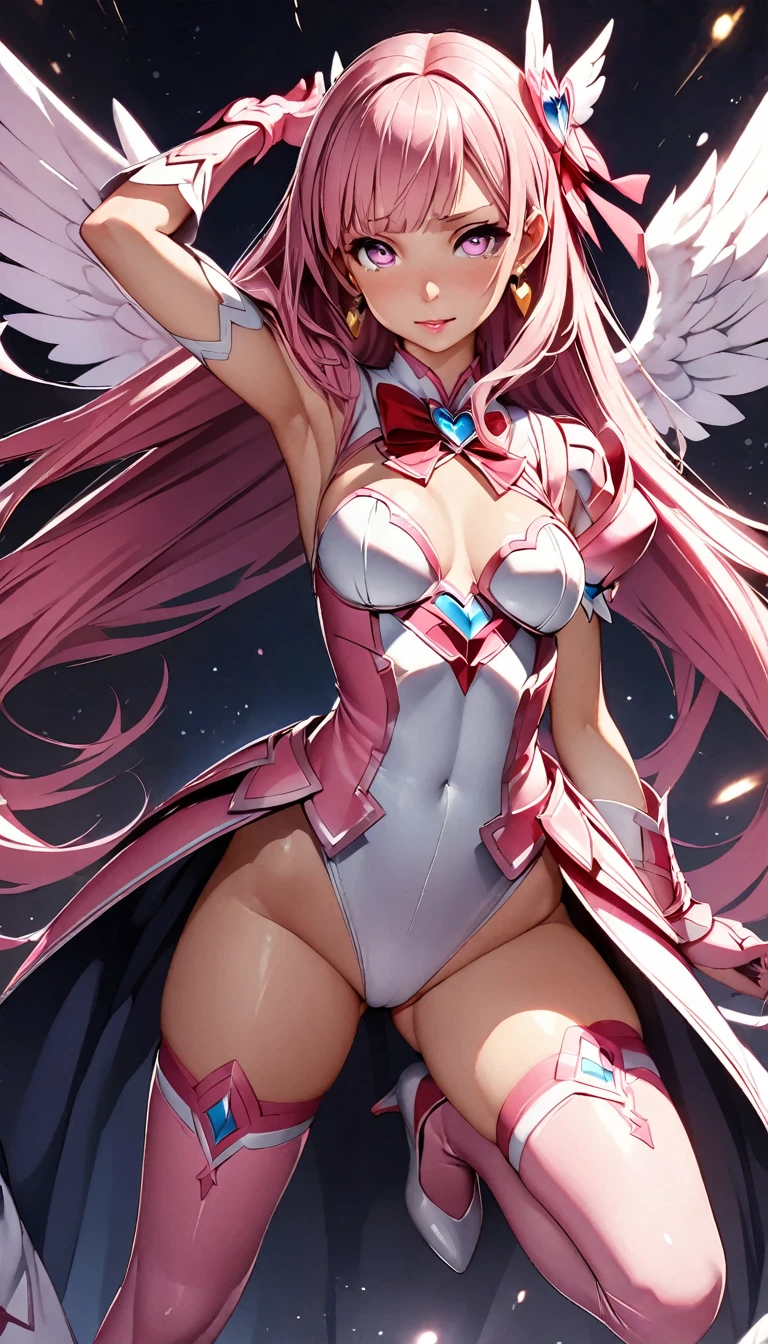 (Perfect Anatomy)、Mastepiece、Ultra High Quality、 8K、masterpiece、Highest quality、Ultra-high resolution、Maximum resolution、Very detailed、Professional Lighting、anime、woman、thin、so beautiful、Highly detailed eye、Highly detailed face、Golden earrings、Pink Hair,、Pink eyes、Mid-chest, pink lips, upper arm pink armor, white leotard, pink pattern, full body, magical girl, Angel Girl, Are standing, pink thigh high stockings, white super long boots, pink gauntlet, high heels, hime cut, bridal hair accessory, Doing somersaults