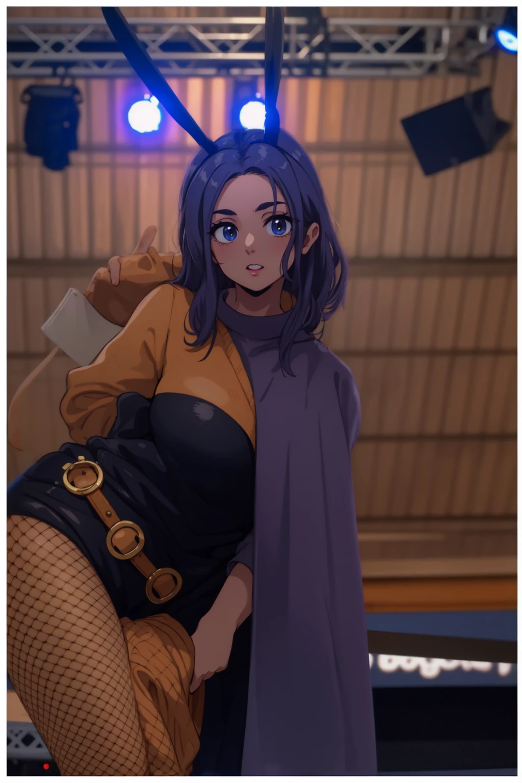 masterpiece, full body, 8k, ultra high definition, high quality, a young girl wearing a sexy outfit, fake bunny ears, purple fake hair, v sign with her fingers