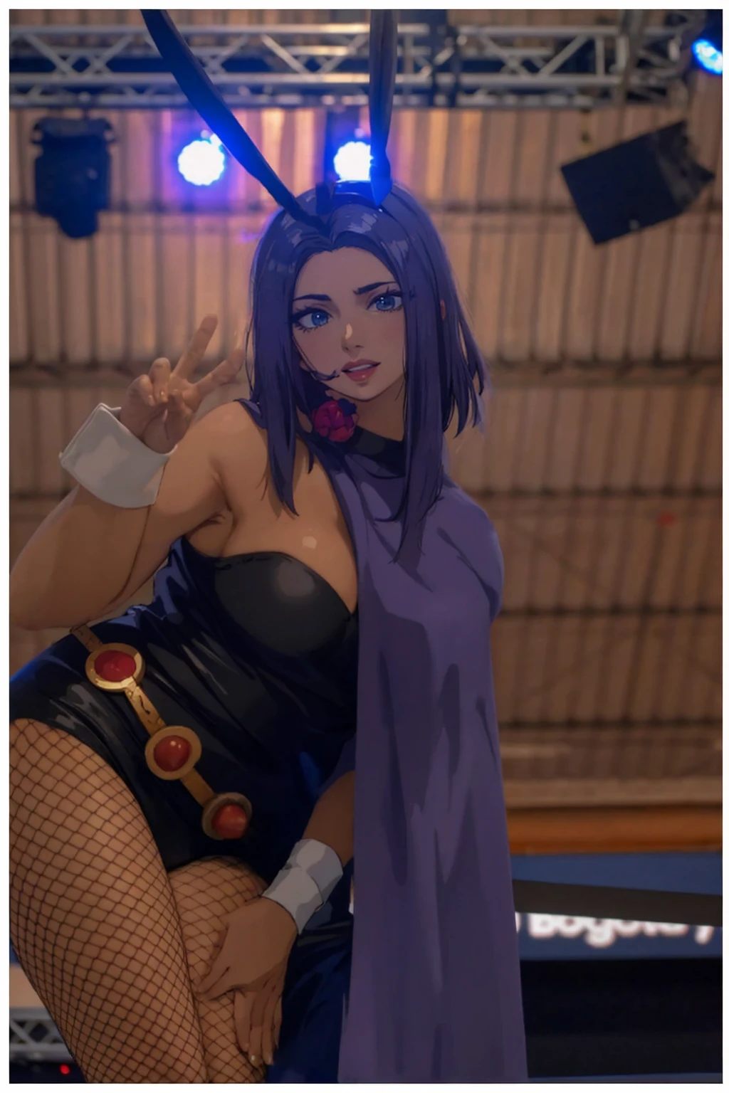 masterpiece, full body, 8k, ultra high definition, high quality, a young girl wearing a sexy outfit, fake bunny ears, purple fake hair, v sign with her fingers