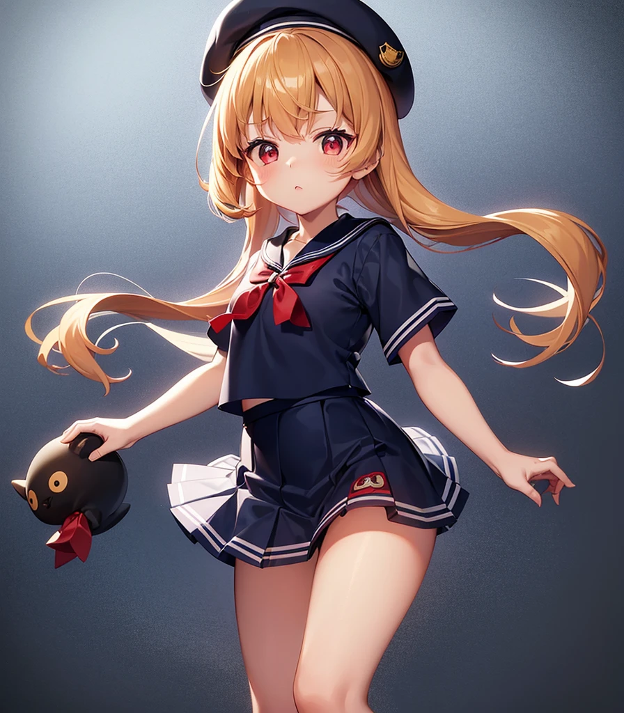 (Sailor suit),Big red ribbon,(((Navy Mini Skirt))),beret,,Cute little li,Tiny Lori,Small girl,,Childish face, Very fine clean face,Top quality, Big eyes,Straight Hair,Yellow hair,Crimson Eye,(Dark Room), Subtle light, Natural light,Soft lighting,Light from directly behind, (Are standing), Cute pose, (Open your hands), Showing the whole body,Front view,Black background