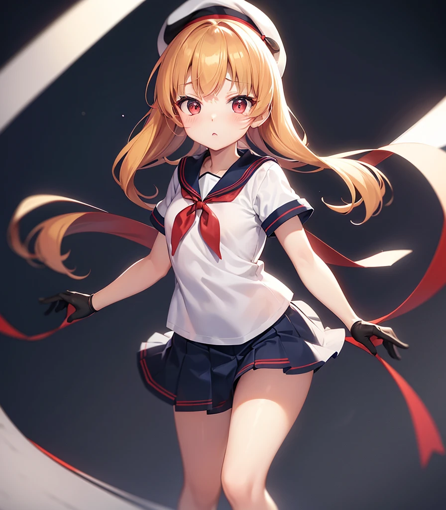 (Sailor suit),Big red ribbon,(((Navy Mini Skirt))),beret,,Cute little loli,Tiny Lori,Small girl,,Childish face, Very fine clean face,Top quality, Big eyes,Straight Hair,Yellow hair,Crimson Eye,(Dark Room), Subtle light, Natural light,Soft lighting,Light from directly behind, (Are standing), Cute pose, (Open your hands), Showing the whole body,Front view,Black background