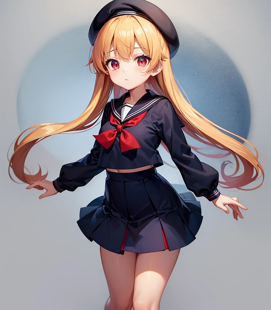 (Sailor suit),Big red ribbon,(((Navy Mini Skirt))),beret,,Cute little li,Tiny Lori,Small girl,,Childish face, Very fine clean face,Top quality, Big eyes,Straight Hair,Yellow hair,Crimson Eye,(Dark Room), Subtle light, Natural light,Soft lighting,Light from directly behind, (Are standing), Cute pose, (Open your hands), Showing the whole body,Front view,Black background