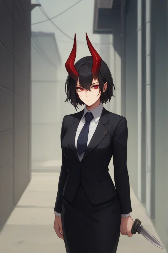 Demon girl with black hair, red eyes, black horns, black suit with skirt holding a knife and a dark alley in the background 