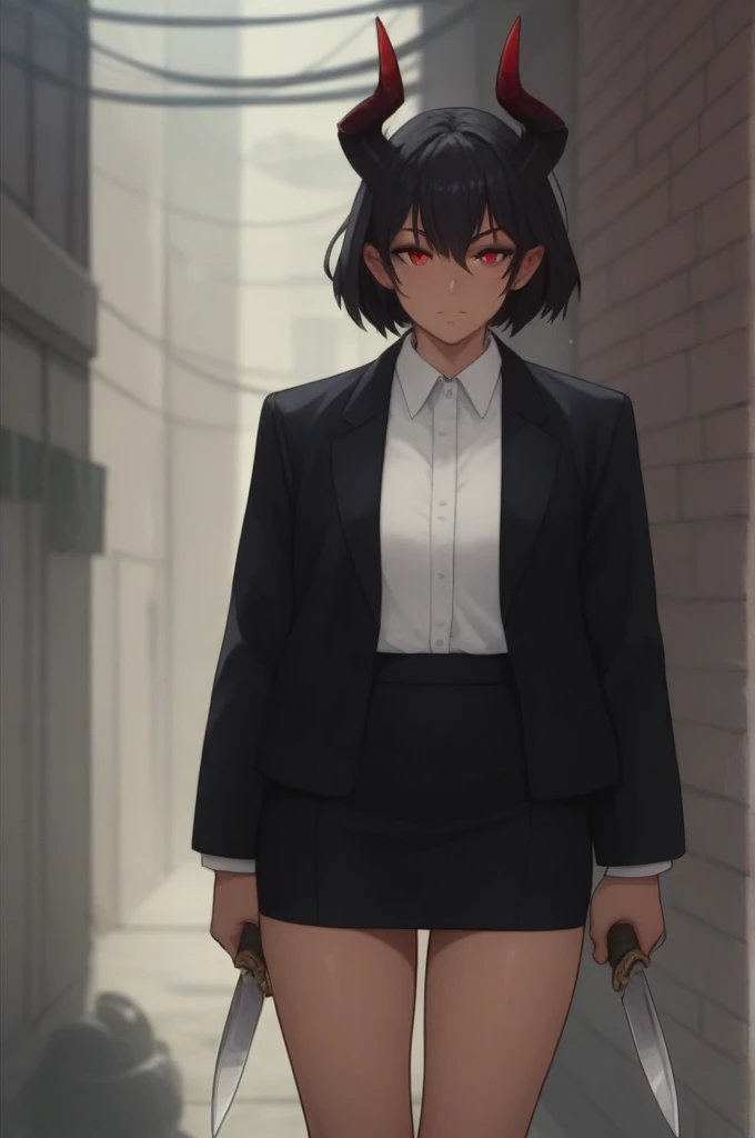 Demon girl with black hair, red eyes, black horns, black suit with skirt holding a knife and a dark alley in the background 