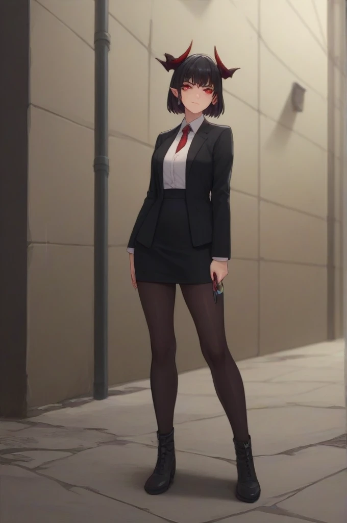 Demon girl with black hair, red eyes, black horns, black suit with skirt holding a knife and a dark alley in the background 