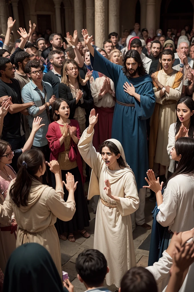 Amazed Crowd The crowd around Bartimaeus and Jesus, all with expressions of wonder and surprise, some raising their hands in praise.