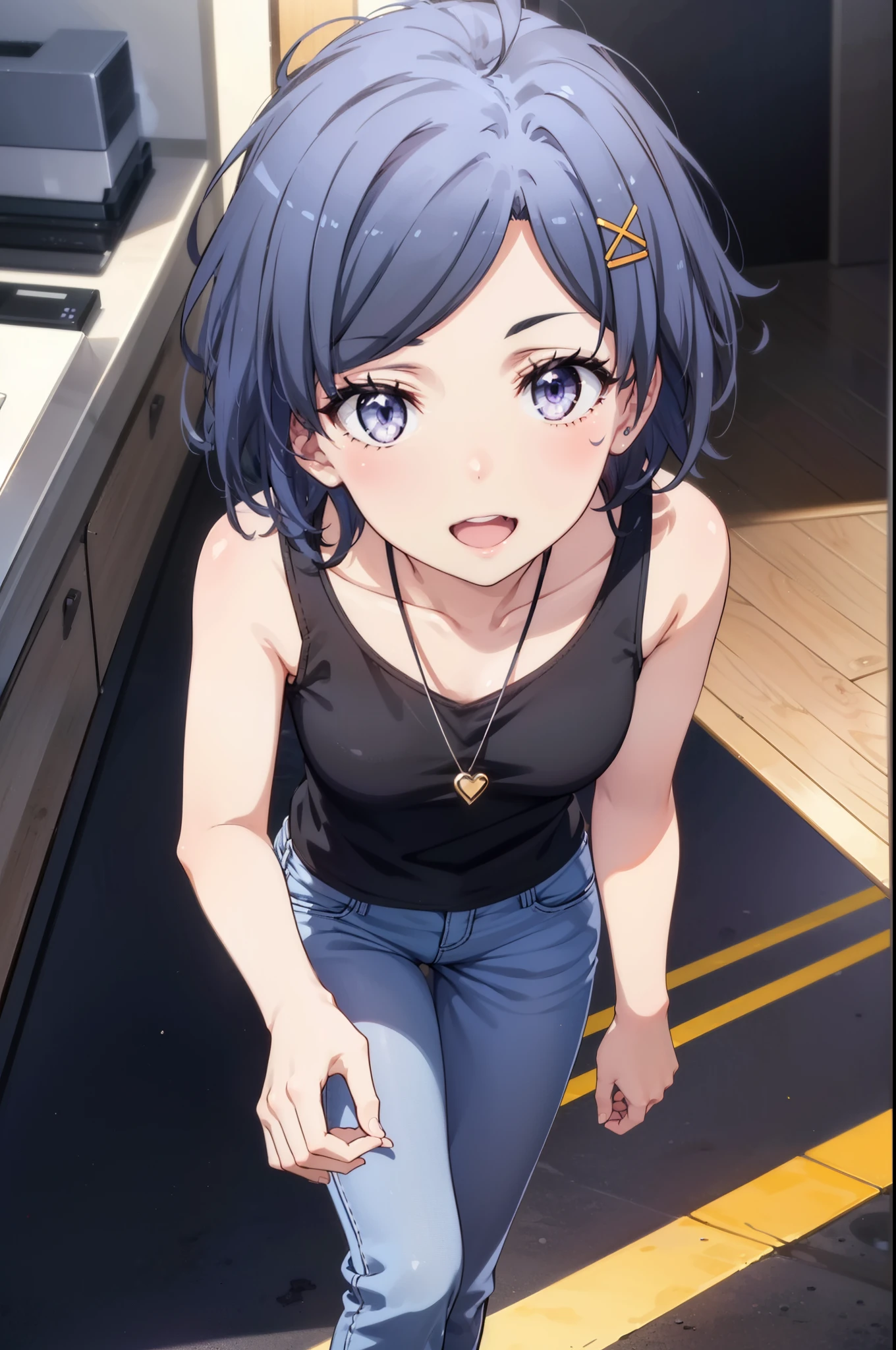 komachihikigaya, komachi hikigaya, short hair, Black Hair, hair ornaments, Ahoge, Hair Clip, x hair ornaments, (Purple eyes:1.1), tooth, happy smile, smile, Open your mouth, black tank top shirt,Locket Necklace,Skinny jeans,Stiletto heels,morning,morning陽,The sun is rising,Walking,whole bodyがイラストに入るように,
break outdoors, Building district,
break looking at viewer,whole body,
break (masterpiece:1.2), Highest quality, High resolution, unity 8k wallpaper, (figure:0.8), (Beautiful attention to detail:1.6), Highly detailed face, Perfect lighting, Highly detailed CG, (Perfect hands, Perfect Anatomy),