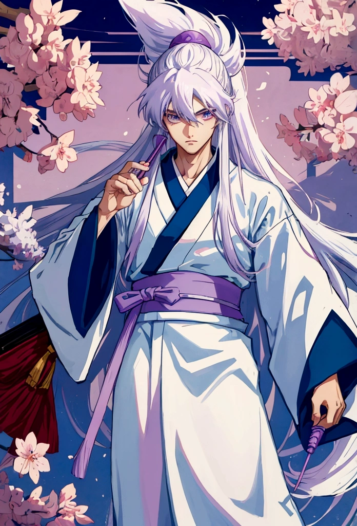 a teenage boy with long white hair like Yoko in yu yu hakusho, with lilac eyes and wearing a Japanese and at school,anime styling
